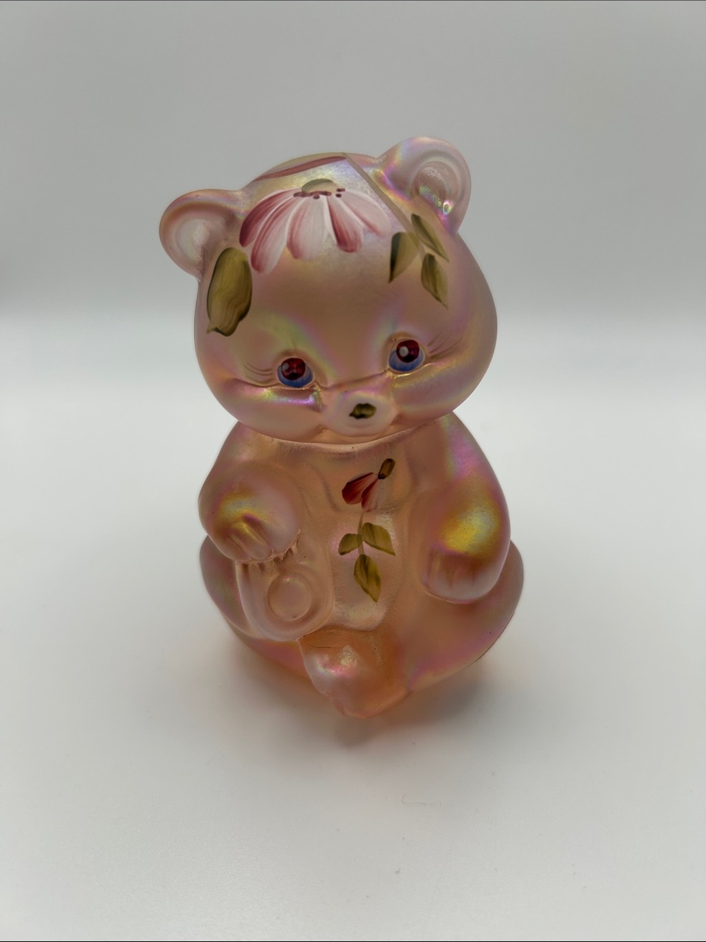 Vintage Fenton Iridescent Pink Floral Bear singed for by Diana Wright.
